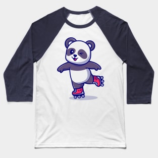 Cute Panda Palying Roller Skate Cartoon Baseball T-Shirt